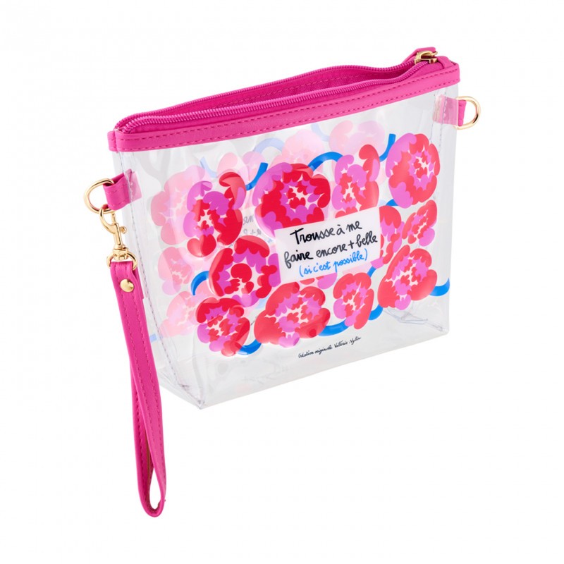 Trousse trasparente e impermeabile con chiusura zip, decorata con fiori fucsia